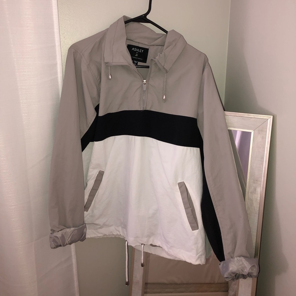 Grey, white, & black windbreaker